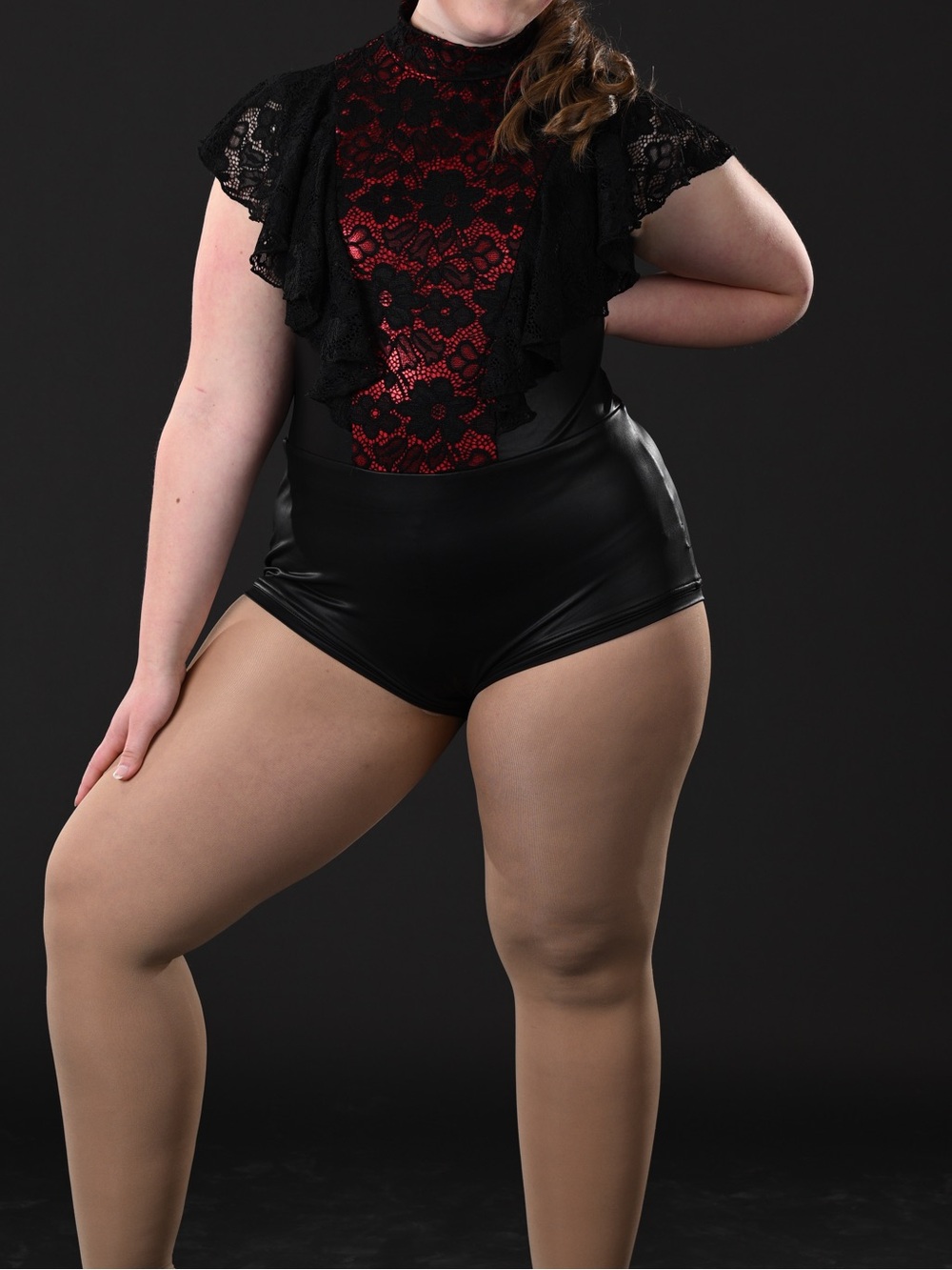 Jazz/Acro Costume- Black Lace-Accent High-Neck Dance Top with Red Underlay